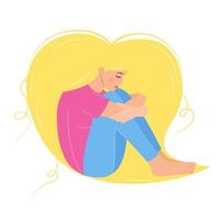 Sad blonde woman sitting and hugging her knees. Her long heart shaped hair around her. Depression, unstable emotions, failed love, no war, loss, grief, pain, death concept. vector