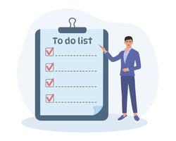 Man is standing near a large clipboard with checklist. To do list, day planning, time management, prioritizing tasks concept. vector