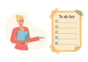 Woman with a folder points to the large paper checklist. To do list, day planning, time management, prioritizing tasks concept. vector