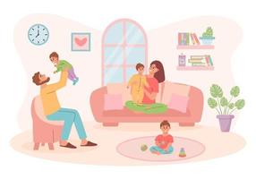 familia feliz con trillizos en la sala de estar pasando tiempo en casa. paternidad y maternidad, familia numerosa, hijos nacidos de fiv, concepto reproductivo. vector
