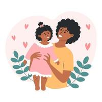 mujer afroamericana con un niño, ramitas y corazones alrededor. madre con hija de niña. concepto de maternidad, licencia de maternidad, cuidado del bebé, día de la madre, familia feliz o madre soltera. vector