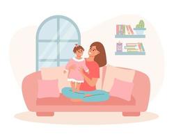Woman with a child on the sofa. Mother holding baby girl daughter. Motherhood, maternity leave, baby care, spending time at home, happy family or single mother concept. vector