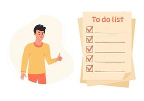 Man showing thumb up and looking at the large checklist. To do list, day planning, time management, prioritizing tasks concept. vector