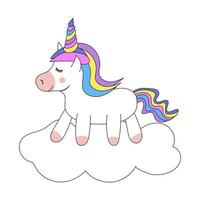 Colorful cute unicorn on a cloud with black outline. Design for stickers, cards, posters, t-shirts, invitations, baby shower, birthday, room decor. vector