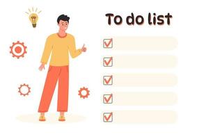 Man showing thumb up and looking at the large to do list. Gear wheels and lightbulb around him. Time management, prioritizing tasks, business idea, plan strategy vector