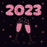 Two sparkling glasses of champagne and lettering 2023 with pink glitter. Dark background with star light. vector