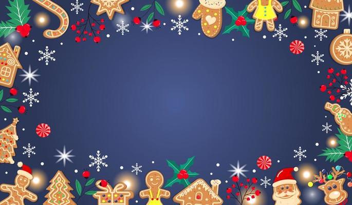 Horizontal dark blue Christmas gingerbread background. Xmas design with cookies, winter berries, snowflakes, snow, lights and candies. Empty space for your text.