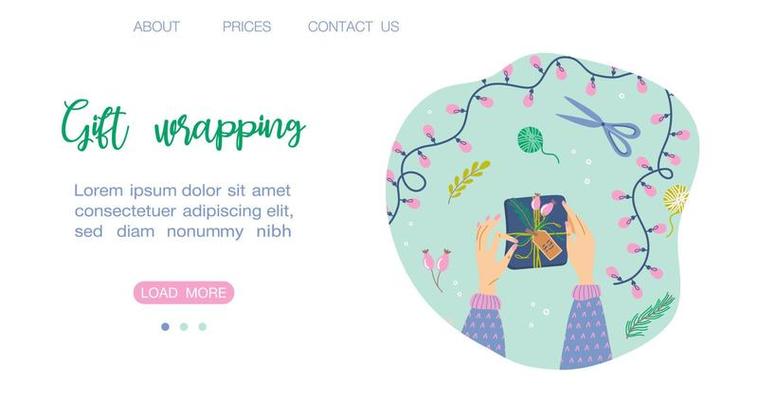Pair of hands packing gift box, top view. Gift wrapping process, landing or web page  template. Banner or poster for advertising. Hand drawn flat style vector illustration.