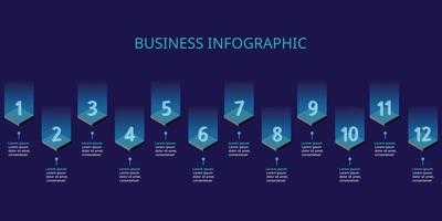 plantilla de gráfico de número de paso para infografía para presentación de 12 elementos con luz azul vector