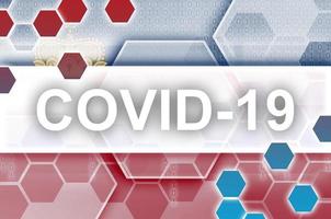 Liechtenstein flag and futuristic digital abstract composition with Covid-19 inscription. Coronavirus outbreak concept photo