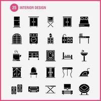 Interior Design Solid Glyph Icons Set For Infographics Mobile UXUI Kit And Print Design Include Furniture Household Washbasin Door Lock Room Furniture Cooking Icon Set Vector