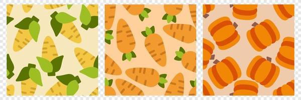 Vegetable seamless pattern set. Carrot, corn and pumpkin. Design elements for baby textile or clothes. Food print for curtain. Vector illustration