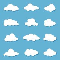 Different clouds on blue sky in origami design. Collection of white paper cut out cloud icons. Paper cloud. Weather symbols. Vector illustration