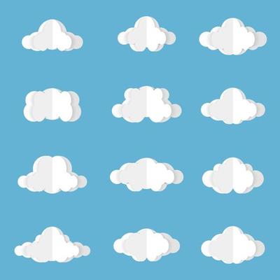 Different clouds on blue sky in origami design. Collection of white paper cut out cloud icons. Paper cloud. Weather symbols. Vector illustration
