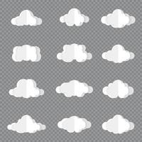 Different clouds on blue sky in origami design. Collection of white paper cut out cloud icons. Paper cloud. Weather symbols. Vector illustration