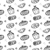 A seamless pattern of hand-drawn doodle-style baked goods and pastries. Collection of different kinds of bread, croissant, baguette, scones, muffin, muffin. Vector cute illustrations on white