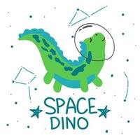 lindo dinosaurio espacial con un planeta, estrellas y cometas a su alrededor. vector de estilo plano. astronauta dinosaurio. puede usarse para postales, moda infantil, textiles, telas, carteles, camisetas