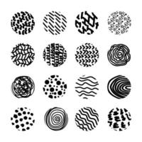 A large set of circular abstract backgrounds or patterns. Hand-drawn doodles. Spots, blots, hearts, curves, lines. Modern quirky vector illustrations. Posters, badge templates for social networks