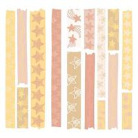 Large set of scotch tape strips with various hand-drawn designs. Pastel stars with different patterns. Scotch tape stickers. Vector horizontal illustration