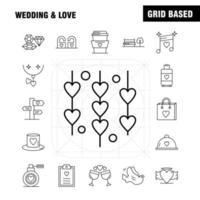 iconos de línea de boda y amor establecidos para infografía kit uxui móvil y diseño de impresión incluyen portapapeles corazón amor texto fuegos artificiales fuego amor boda conjunto de iconos vector