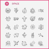 los iconos dibujados a mano en el espacio se establecen para infografías, el kit uxui móvil y el diseño de impresión incluyen cohete, transporte espacial, luna, planeta, espacio, nave espacial, telescopio, icono, conjunto, vector