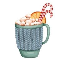 Ceramic cup with hot chocolate, cream and marshmallows. Cinnamon stick, and cinnamon. Winter cappuccino. Latte in a cute cup. vector