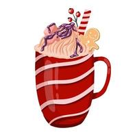 Red ceramic cup with hot chocolate, cream and marshmallows. Caramel stick, cookies and cinnamon. Winter cappuccino. Latte in a red cup. vector