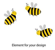 Cute bee characters on a white background. Striped insects. Wings. Yellow and black. Vector illustration isolated on white background. Element for your design..