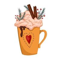 Ceramic cup with hot chocolate, cream and marshmallows. Cinnamon stick, and cinnamon. Winter cappuccino. Latte in a cute cup. vector