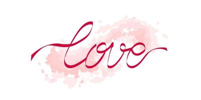 Word Love, lettering written by flying red ribbon or red thread of destiny, on pink splash, brush stroke background with scattered drops. Cute isolated design element for prints, web vector