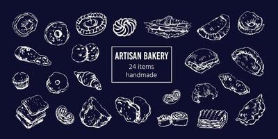 Set of doodles of bakery items, bread, pastry, snacks. Illustration collection of bakery goods on black background. Vector design elements, menu, various baked items