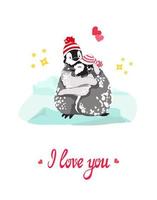 Cute cartoon penguins, boy and girl, in knitted hats, hugging in icy snowy arctic field, glacier, hearts, stars around, I love you brush lettering. Valentine, hug day, anniversary greeting card prints vector