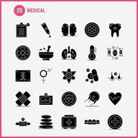 los iconos de glifo sólido médico establecidos para el kit de uxui móvil de infografía y el diseño de impresión incluyen el escáner médico del hospital estadística spa de piedra máscara de salud eps 10 vector