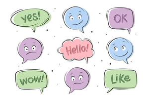 Set of speech bubbles with different words and smileys for chat, message element. Vector illustration