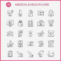 icono dibujado a mano de atención médica y de salud para impresión web y kit de uxui móvil, como matraz de laboratorio médico, bandera de hospital, paquete de pictogramas de hospital médico de atención médica, vector