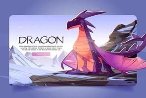 Dragon at winter mountains cartoon landing page vector