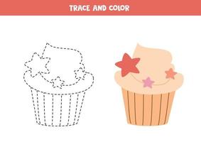 Trace and color cartoon cupcake. Worksheet for children. vector