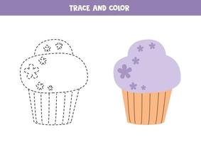 Trace and color cartoon cupcake. Worksheet for children. vector