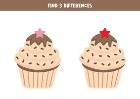 Find 3 differences between two cute cupcakes. vector