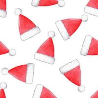 Watercolor red santa hats seamless pattern on white background photo