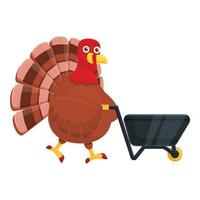 Thanksgiving turkey with wheelbarrow icon, cartoon style vector