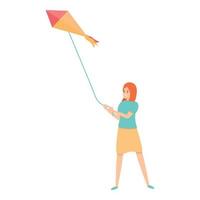 Girl playing kite icon, cartoon style vector