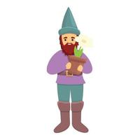 Garden gnome with flower pot icon, cartoon style vector