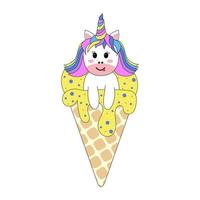 Colorful cute unicorn sitting in ice cream waffle cone with black outline. Design for stickers, cards, posters, t-shirts, invitations, baby shower, birthday, room decor. vector