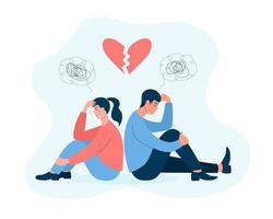 Couple in quarrel. Unhappy man and woman sitting back to back and suffer. Broken heart above them. Problems in relationship, parting, divorce, conflicts, misunderstanding and crisis in family. vector