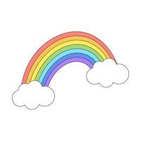 Colorful rainbow in curved shape and clouds with black outline. Design for stickers, cards, posters, t-shirts, invitations, baby shower, birthday, room decor. vector