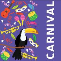 Carnival square banner with toucan, ukulele, musical trumpet and feather on purple background. Vector illustration.