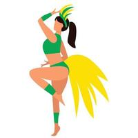 Carnival girl dancing in bikini and carnival costume in green color. Vector illustration.