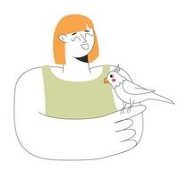 The character of a woman is smiling and holding a parrot in her arms. Caring for animals. Vector illustration in outline style