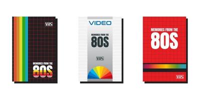 Isolated vintage VHS tape covers. Vector colored illustrations on light background. Original retro objects.